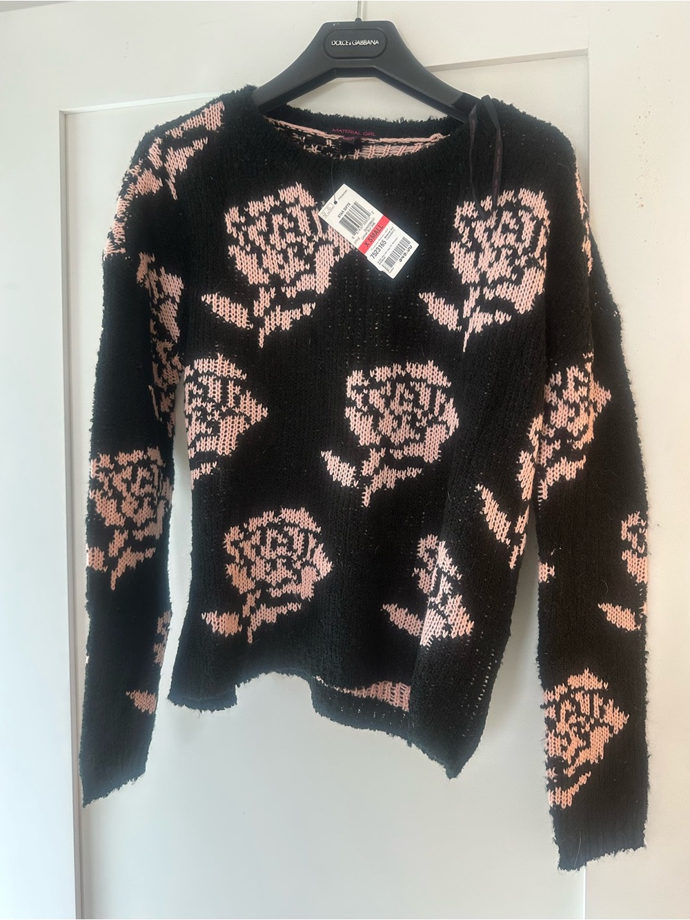 Material Girl Black Sweater with Pink Rose Motif
